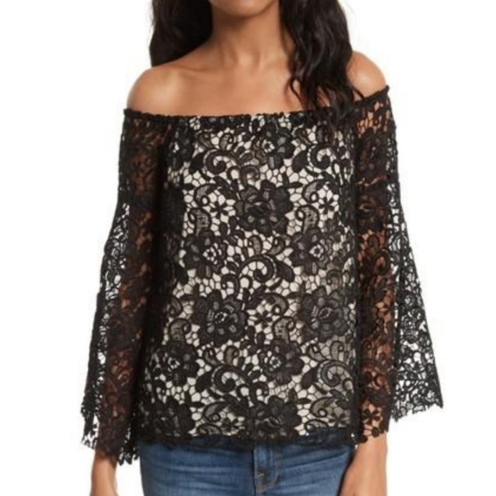 Alice+Olivia Prena Silk Blend Lace Trumpet Sleeve Top Black Size Small NWOT - Picture 4 of 15